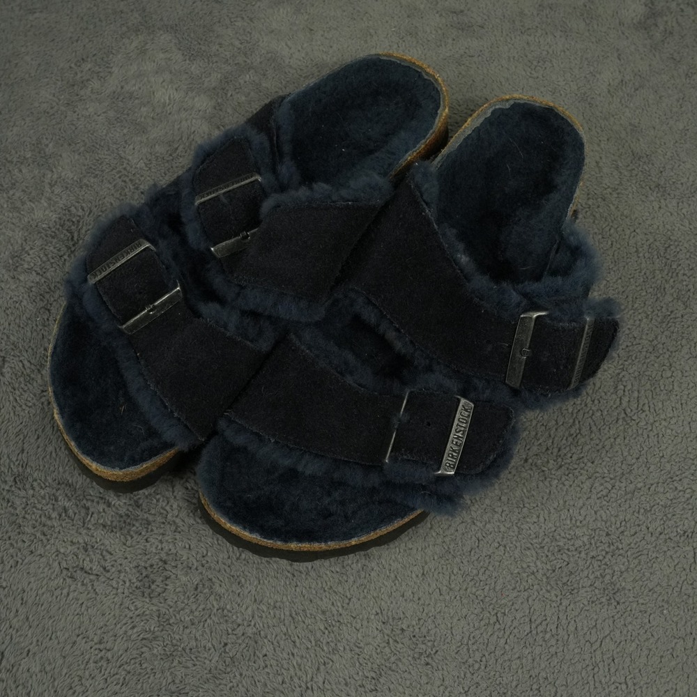 Birkenstock Arizona Sandals Womens 39 Narrow Midnight Blue Suede Shearling Slide - Picture 1 of 7